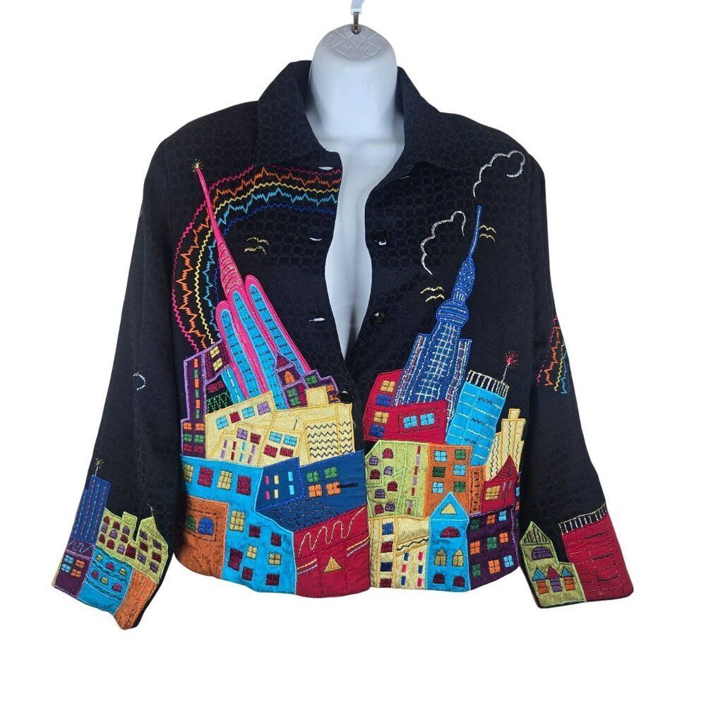 Vintage 90s Colorful Embroidered Cityscape Blazer Jacket Womens S Black
